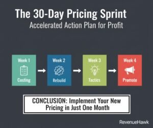 The RevenueHawk step-by-step 30-day roadmap for implementing a new restaurant menu pricing system.