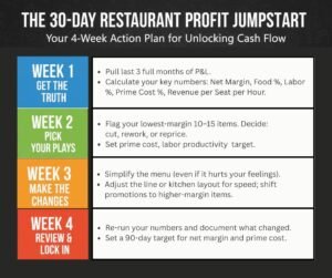 A 4-week calendar graphic detailing a restaurant profitability action plan: Week 1 (Get the Truth), Week 2 (Pick 3–5 Plays), Week 3 (Make Structural Changes), and Week 4 (Review and Lock In).