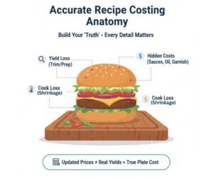 An infographic breaking down the true cost of a menu item, including yields, sauces, and garnishes.