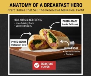 An infographic detailing the components of a successful breakfast hero item, emphasizing high margins, speed of service, and visual appeal.