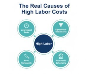 A diagram illustrating the four main operational issues that cause high labor costs in restaurants.