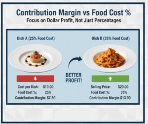 Chart comparing food cost percentage versus actual dollar contribution margin for restaurant dishes.