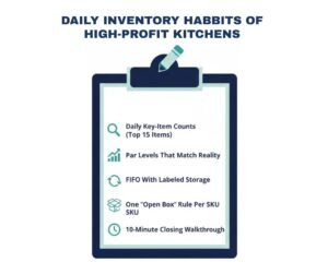 A checklist graphic showing daily inventory tasks that prevent month-end profit surprises.