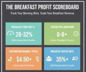 A digital dashboard display showing the four most important metrics for tracking breakfast profitability: food cost, labor productivity, contribution margin, and repeat guest rate.
