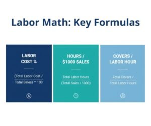 Graphic cards showing the mathematical formulas for calculating Labor Cost percentage, Hours per $1,000 in sales, and Covers per Hour.