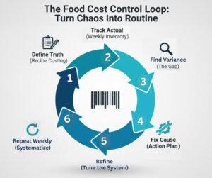 A circular diagram illustrating RevenueHawk’s 5-step repeatable system for controlling food costs.