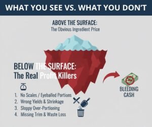 Diagram of hidden restaurant profit killers like over-portioning, trim loss, and inaccurate yields.