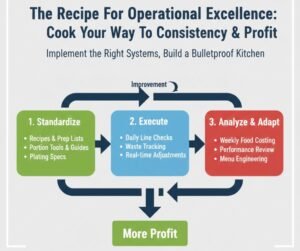 Screenshot of the Canva editor showing an infographic titled “The Recipe for Operational Excellence: Cook Your Way To Consistency & Profit,” with a three-step flow (Standardize → Execute → Analyze & Adapt) leading to “More Profit.”