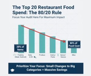 Pareto chart showing that 20% of restaurant inventory items represent 80% of total food costs.