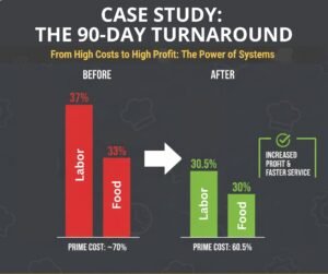 A side-by-side bar chart showing a 90-day restaurant turnaround: Labor cost reduced from 37% to 30.5% and Food cost reduced from 33% to 30%, resulting in a significant Prime Cost improvement.