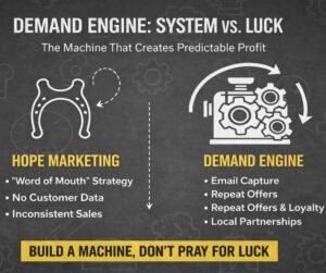 A split-screen comparison showing a "Wishbone" representing unreliable word-of-mouth marketing versus a mechanical "Demand Engine" representing systematic guest data capture.