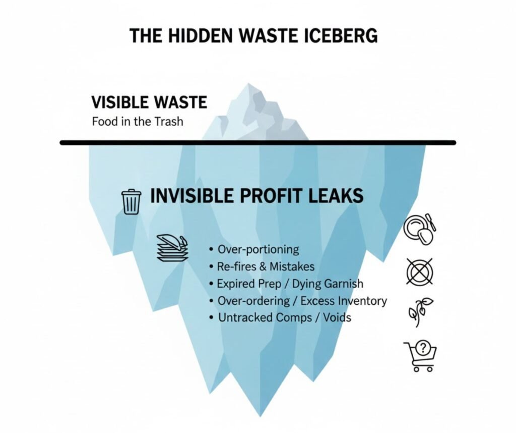Iceberg infographic showing visible food waste versus hidden profit leaks in restaurants, including over-portioning, expired prep, inventory waste, and untracked comps