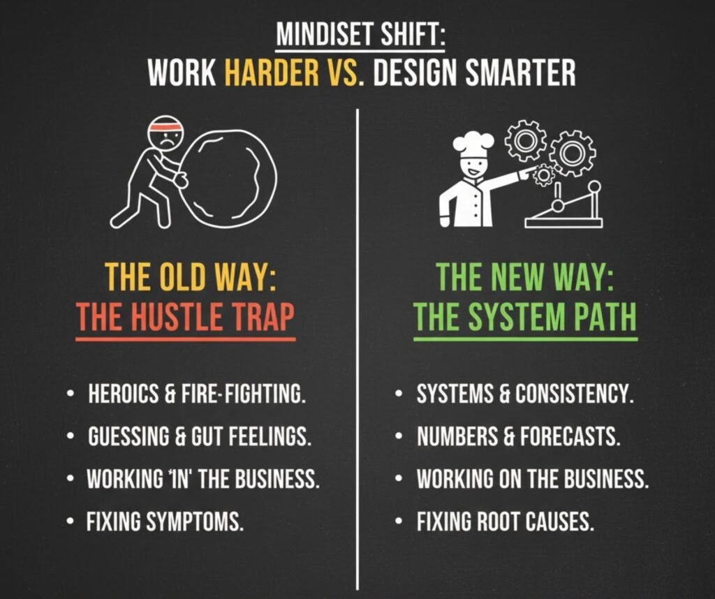 A side-by-side comparison chart contrasting "Hustle Culture" (guessing, heroics, chaos) with "System Culture" (numbers, consistency, repeatable processes) for restaurant owners.