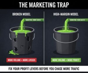 A side-by-side comparison of a leaky bucket representing a restaurant with poor margins vs. a sealed vessel representing a high-margin business, showing why marketing alone won't fix profit.
