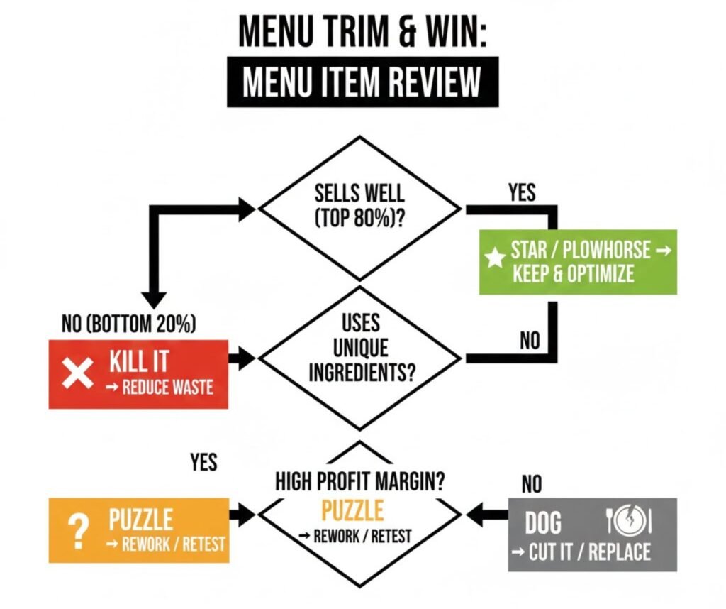A step-by-step decision flowchart for restaurant owners to decide whether to keep, rework, or cut menu items based on sales volume, brand identity, and profitability.