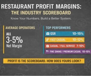 A horizontal comparison chart showing restaurant net profit margins. It displays the industry average of 3-5% contrasted against top performer benchmarks for QSR, Fast Casual and Full Service.