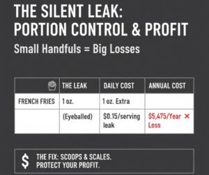 A data table showing the hidden cost of inconsistent portioning: a 1-ounce overage on French fries results in a $5,475 annual loss for a restaurant.