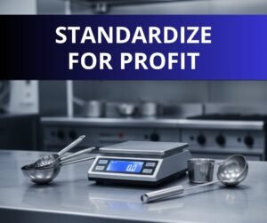 Essential kitchen portion control tools including digital scales and standardized scoops for consistent plate costs.