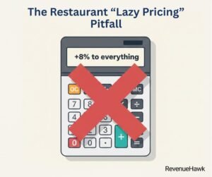 A RevenueHawk graphic warning against the mistake of raising all menu prices by a flat percentage.