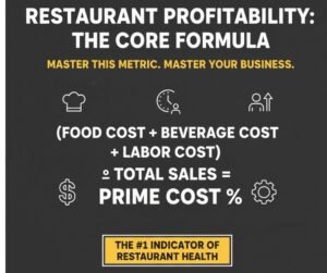A clear infographic showing the restaurant prime cost formula: (Food Cost + Beverage Cost + Labor Cost) divided by Total Sales equals Prime Cost percentage.
