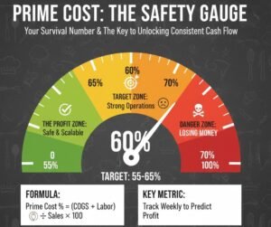 A speedometer-style gauge measuring restaurant Prime Cost. It features a green "Healthy Zone" between 55% and 65%, with a red "Danger Zone" above 70%, indicating where restaurant profitability is at risk.