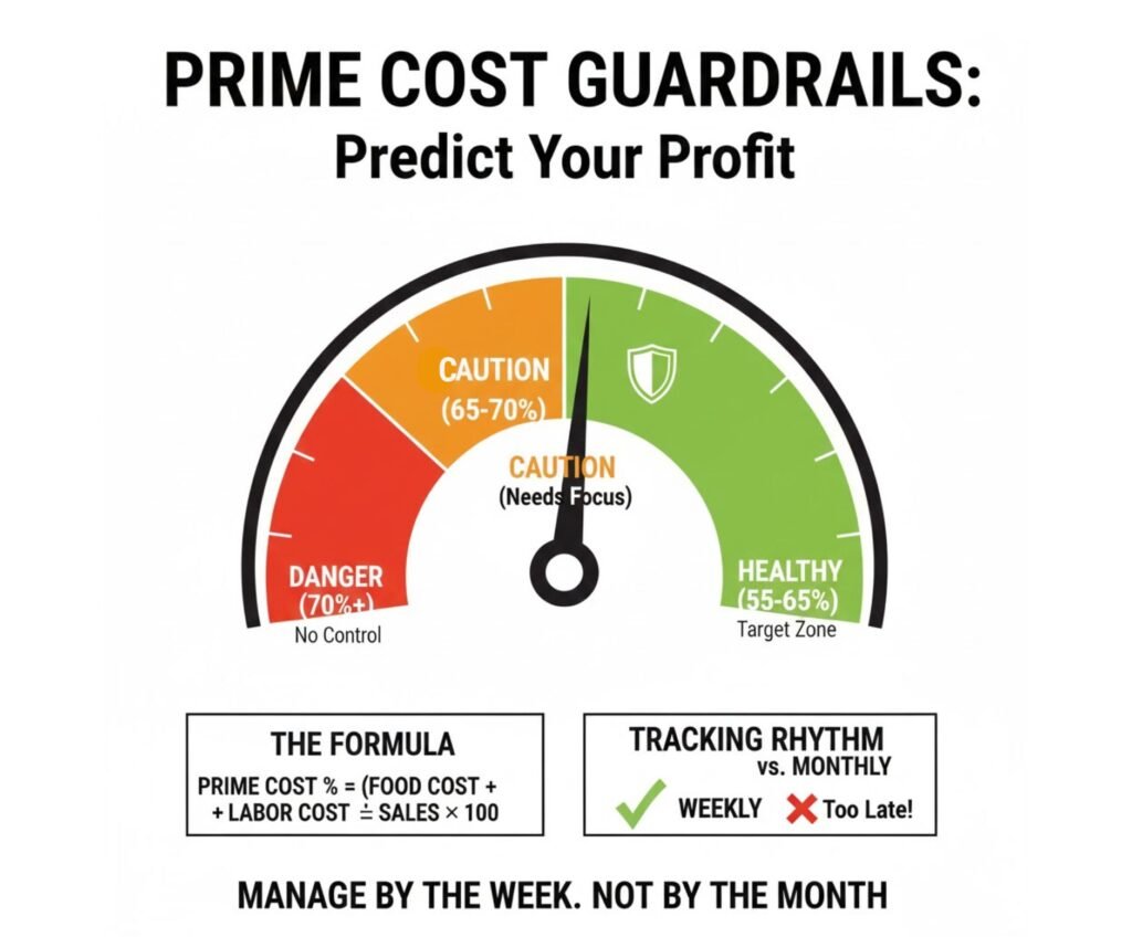 A speedometer-style gauge showing restaurant prime cost percentages, with green indicating the 55-65 percent safe zone, yellow for caution, and red for the 70 percent plus danger zone.