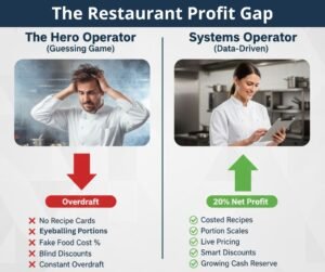 Infographic comparing restaurant profitability between operators who guess costs versus those with accurate recipe costing systems.