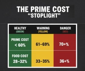 Table of restaurant profitability benchmarks showing healthy, warning, and danger zones for food cost and prime cost percentages.