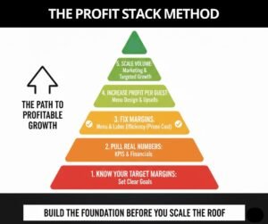 A pyramid diagram showing the 5-step Profit Stack Method. The wide base represents 'Knowing Your Numbers,' moving up through 'Benchmarking' and 'Fixing Margins,' with 'Scaling Volume' at the very top.