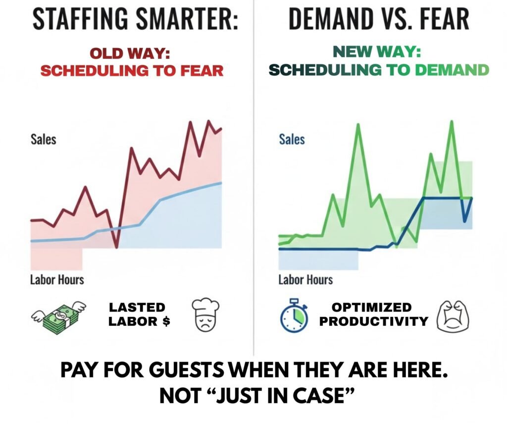 Infographic comparing restaurant staffing based on fear versus demand, showing how scheduling to demand reduces wasted labor and improves productivity