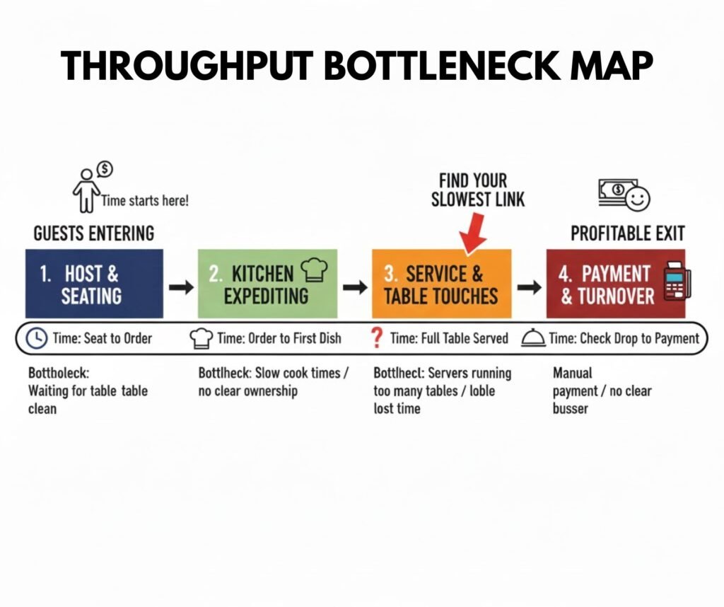 A linear diagram showing the four key stages of restaurant throughput: Seat to Order, Order to First Item, Full Table Served, and Check Drop to Payment.