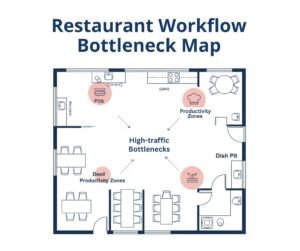 An illustrated restaurant floor plan highlighting common areas where staff movement is restricted and productivity is lost.
