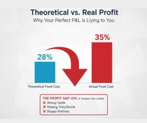 Chart showing the variance between theoretical food cost and actual realized food cost due to missing yields and portion errors.
