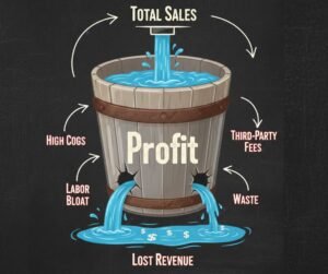 Infographic of a leaky bucket representing a restaurant with high sales but low profit due to leaks in COGS, labor bloat, and waste.
