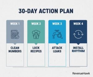 RevenueHawk 30-day-action-plan-timeline.pngAlt Text: Four-week timeline graphic for a restaurant food cost action plan.