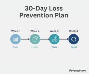 RevenueHawk 4-week timeline for implementing a restaurant loss prevention and food cost system.