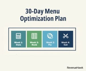 RevenueHawk 30-day action plan timeline for removing low-margin menu items.