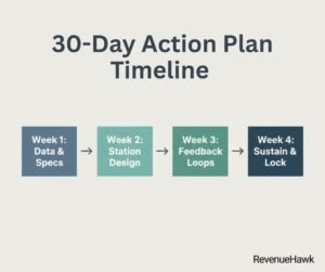 RevenueHawk 30-day timeline for implementing a full restaurant portion control system.
