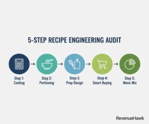 A RevenueHawk 5-step visual guide for a restaurant recipe audit including costing, portioning, and menu mix management.