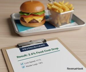 RevenueHawk case study results showing a 2.6 percent food cost reduction on a burger menu item through recipe engineering.