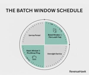 RevenueHawk daily restaurant schedule showing dedicated batch prep windows to reduce labor chaos.