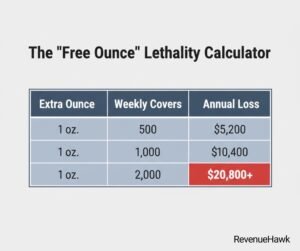 RevenueHawk image showing the annual financial impact of giving away one extra ounce of protein per plate.