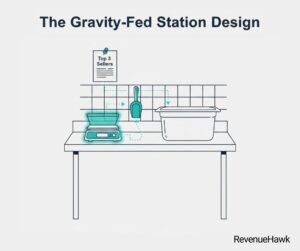 RevenueHawk image showing a layout of a restaurant kitchen station designed for automatic portion control and speed.