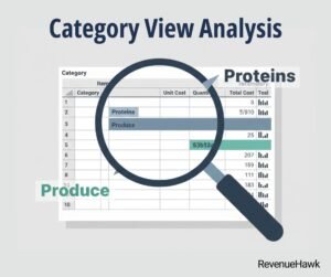RevenueHawk graphic of magnifying glass focusing on a spreadsheet with highlighted food cost categories like proteins and produce.