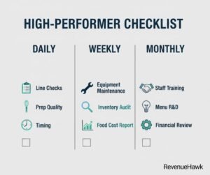 RevenueHawk graphic illustrating a daily, weekly, and monthly checklist for high-performing restaurant operations.