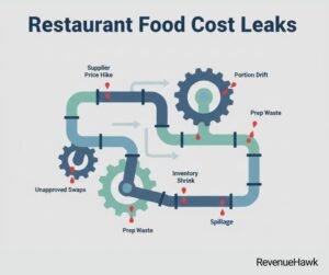RevenueHawk graphic illustrating a restaurant system with multiple small leaks, representing various sources of food cost spikes.
