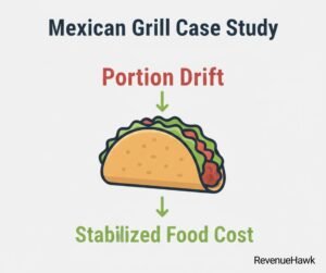 RevenueHawk infographic showing portion drift leading to stabilized food cost in a Mexican grill case study.