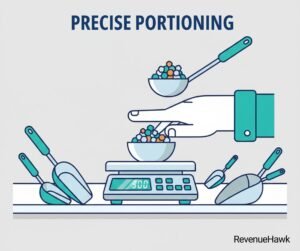 RevenueHawk stylized image of a hand using a digital scale and other portioning tools in a kitchen.