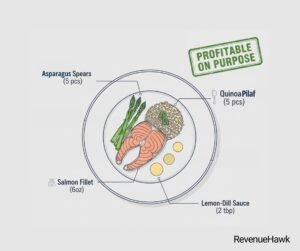 RevenueHawk blueprint drawing of a dish designed for profitability with clear ingredient and portion labels.
