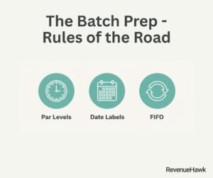 RevenueHawk visual guide to standardizing batch prep to reduce food waste and spoilage.